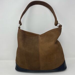 Brown Suede Shoulder Hobo Bag with Dark Trim